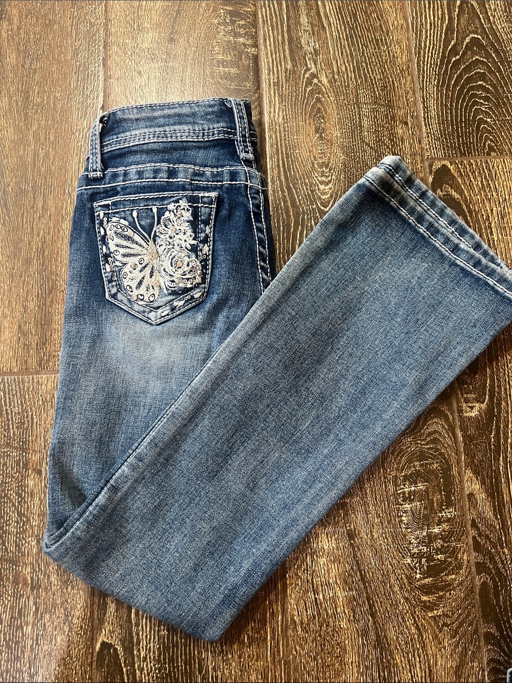 Girls Grace Blue Denim Jeans with Embroidered Butterfly Pocket
